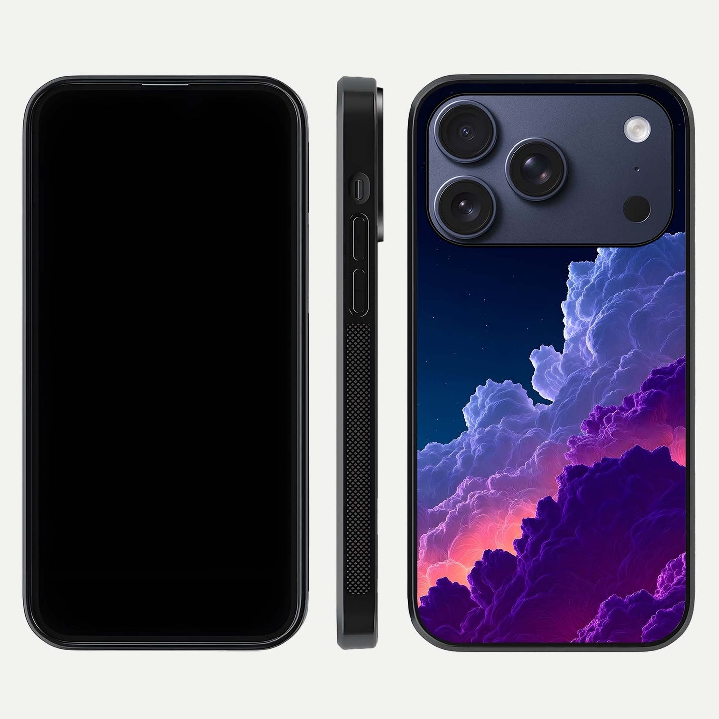 Dreamy Cloud Skies Glass Case for iPhone 17 Pro dual-view layout displaying calm sky art and smooth curve