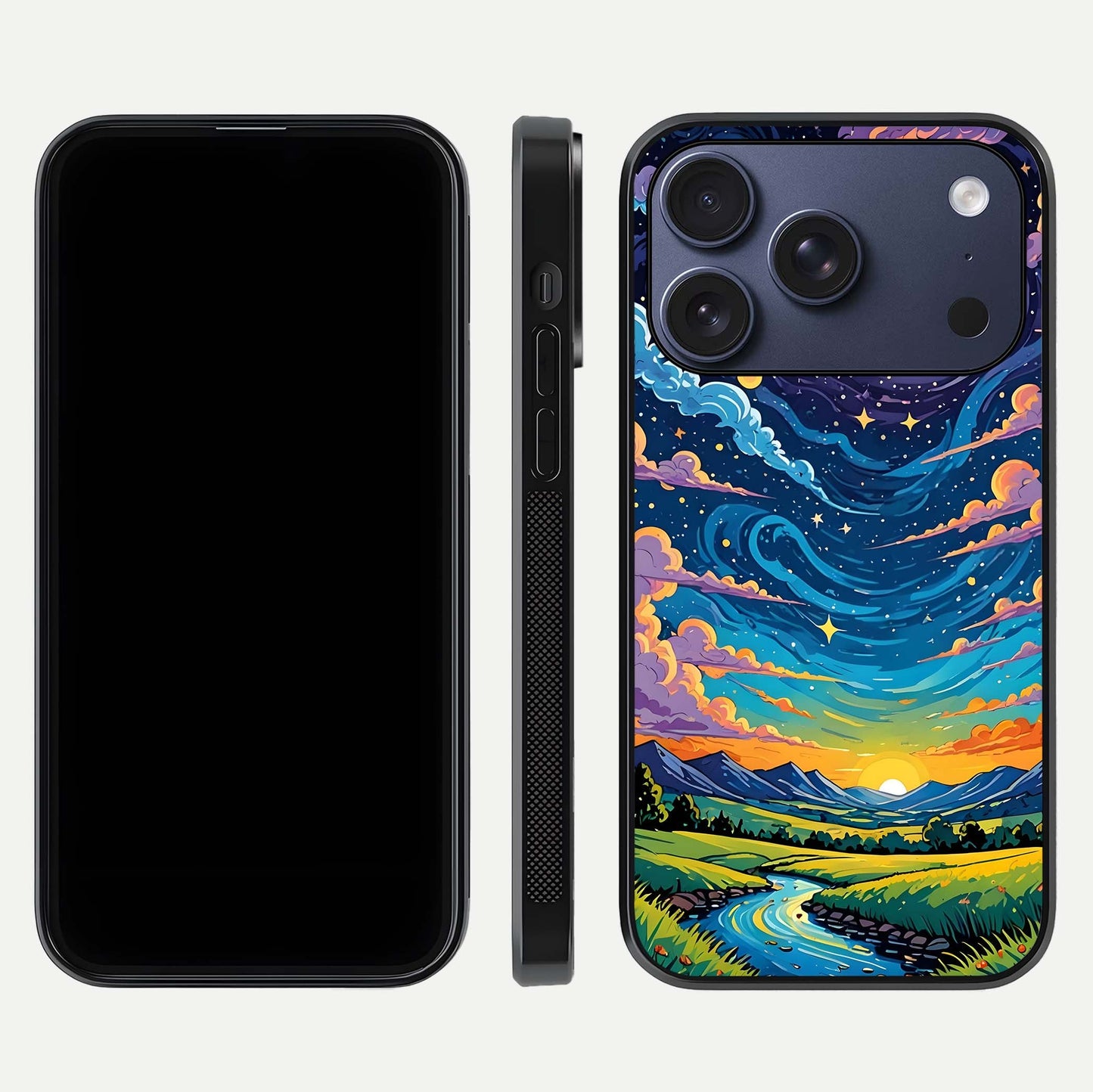 Dreamy Night Landscape Glass Case for iPhone 17 Pro dual-view layout displaying HD print and curved glass edges