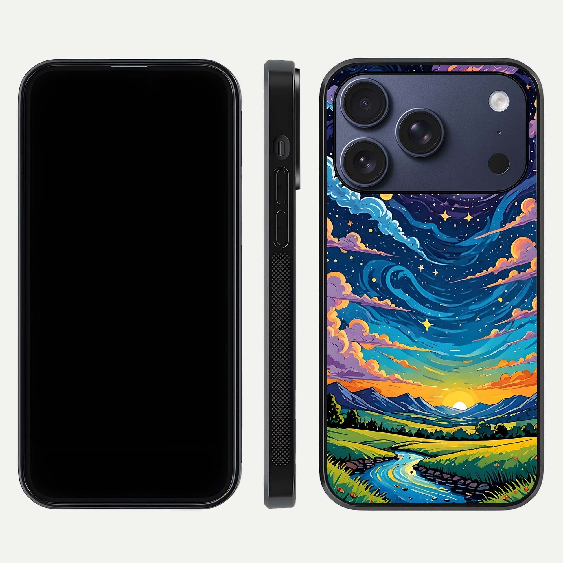Dreamy Night Landscape Glass Case for iPhone 17 Pro dual-view layout displaying HD print and curved glass edges
