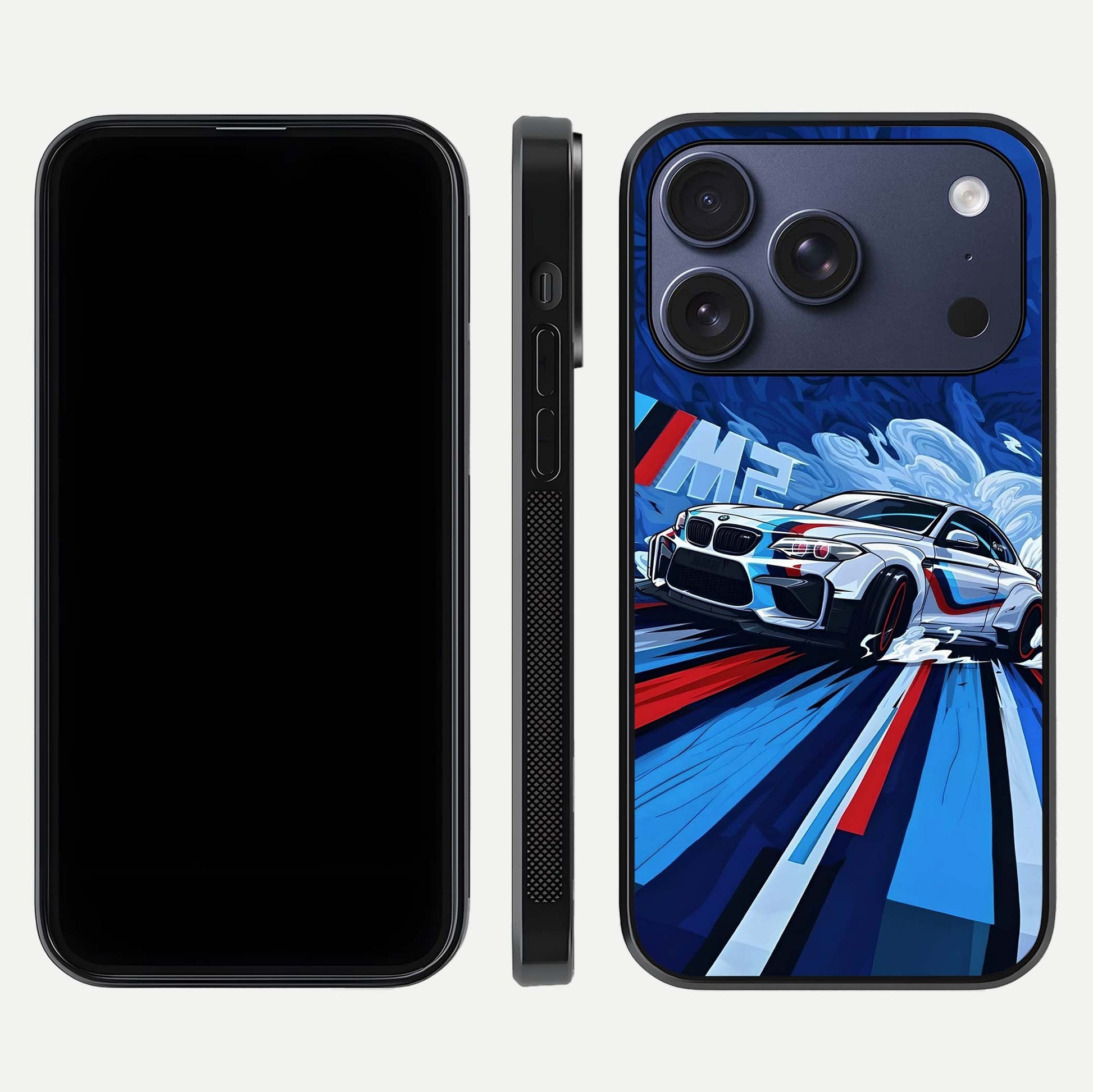 Drift Power Rush Glass Case for iPhone 17 Pro dual-view layout displaying dynamic motion art and HD gloss
