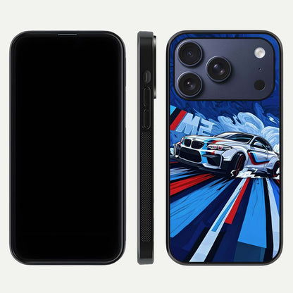 Drift Power Rush Glass Case for iPhone 17 Pro dual-view layout displaying dynamic motion art and HD gloss