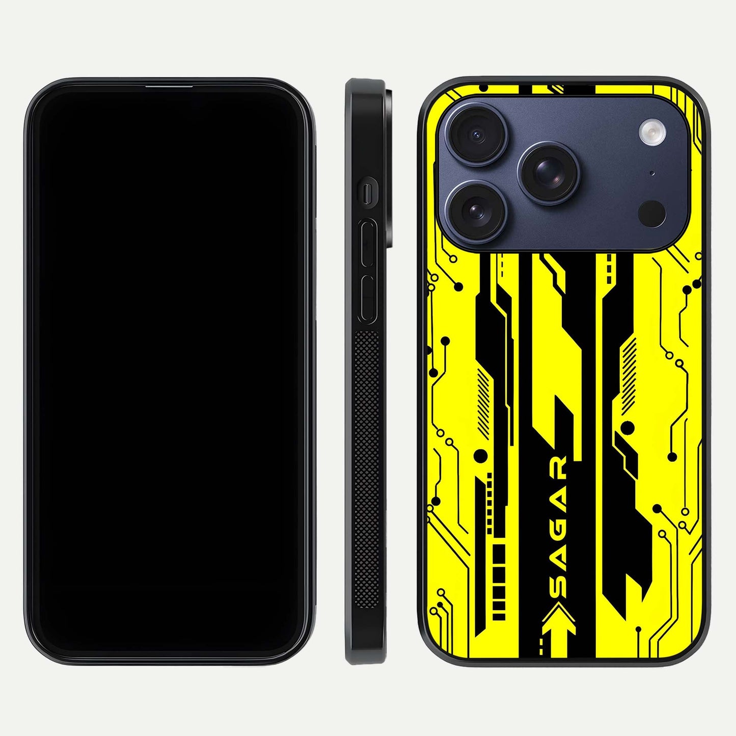 Electric Pulse CYBERPUNK Custom Name Glass Case for iPhone 17 Pro dual-view layout displaying futuristic hues and curved glass edges