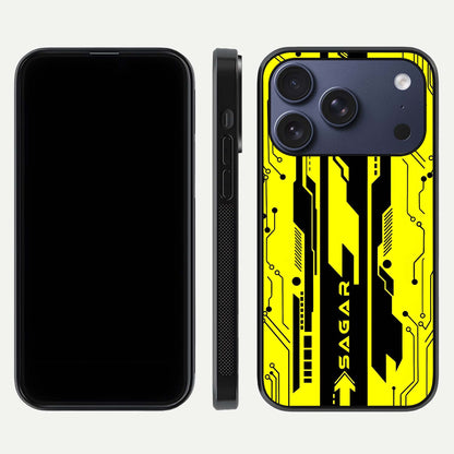 Electric Pulse CYBERPUNK Custom Name Glass Case for iPhone 17 Pro dual-view layout displaying futuristic hues and curved glass edges