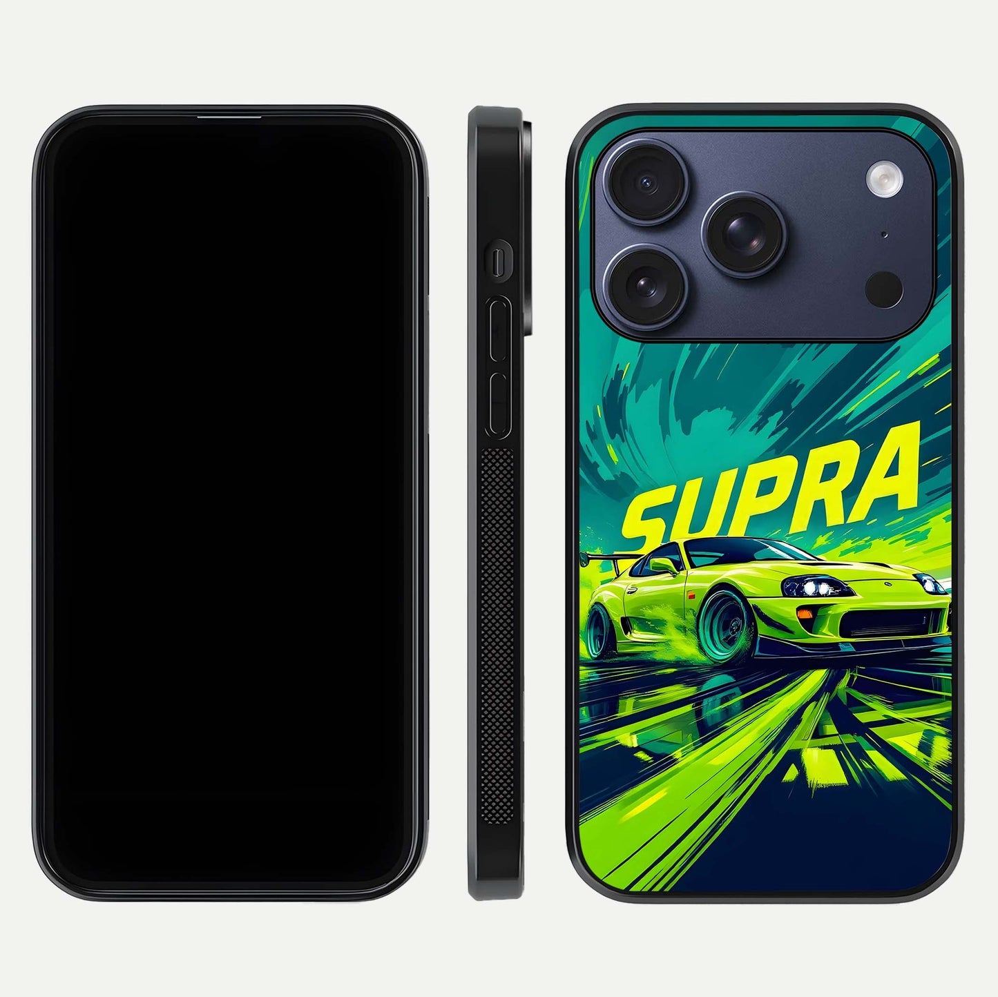 Electric Supra Thunder Glass Case for iPhone 17 Pro dual-view layout displaying dynamic motion art and curved finish