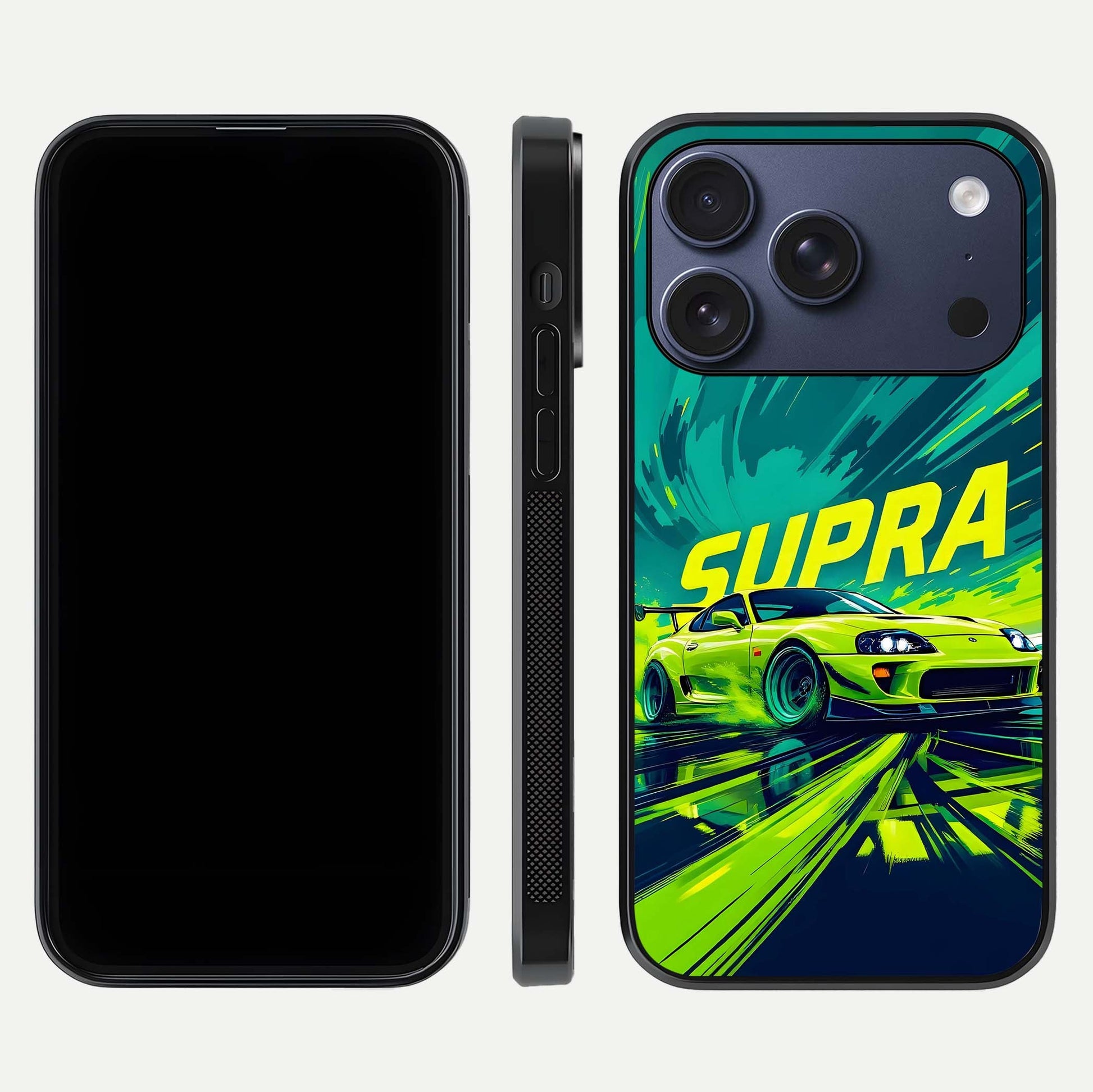 Electric Supra Thunder Glass Case for iPhone 17 Pro dual-view layout displaying dynamic motion art and curved finish