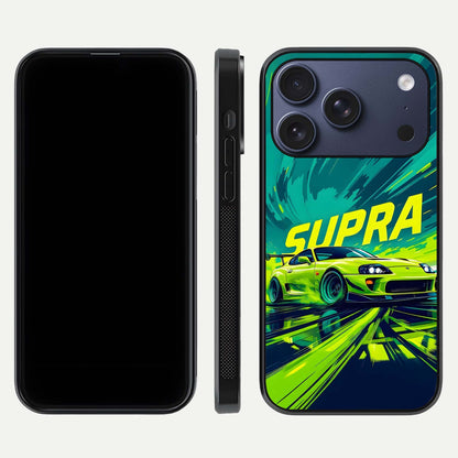 Electric Supra Thunder Glass Case for iPhone 17 Pro dual-view layout displaying dynamic motion art and curved finish