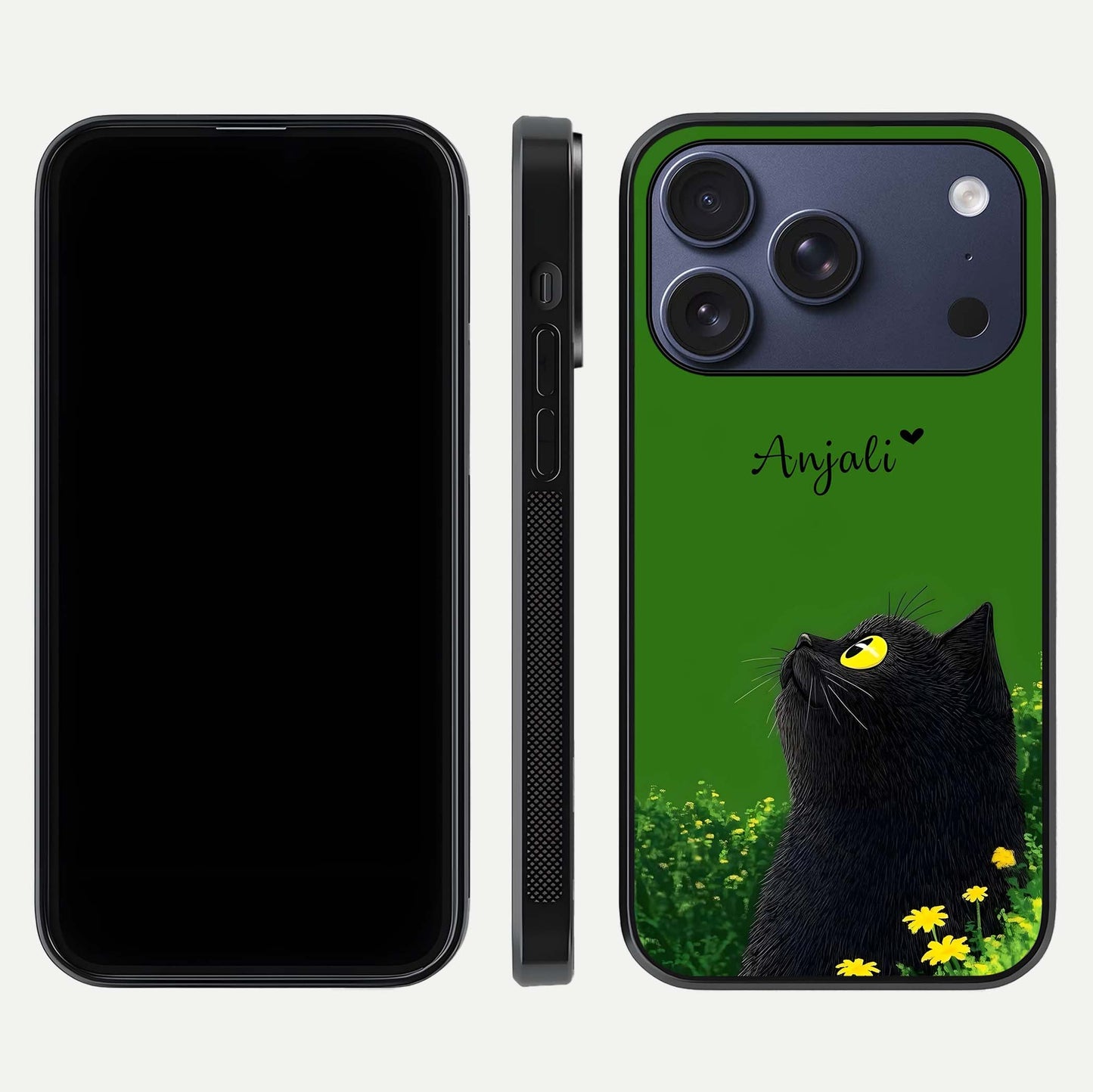 Emerald Cat Custom Name Glass Case for iPhone 17 Pro dual-view layout displaying artistic tones and smooth curves