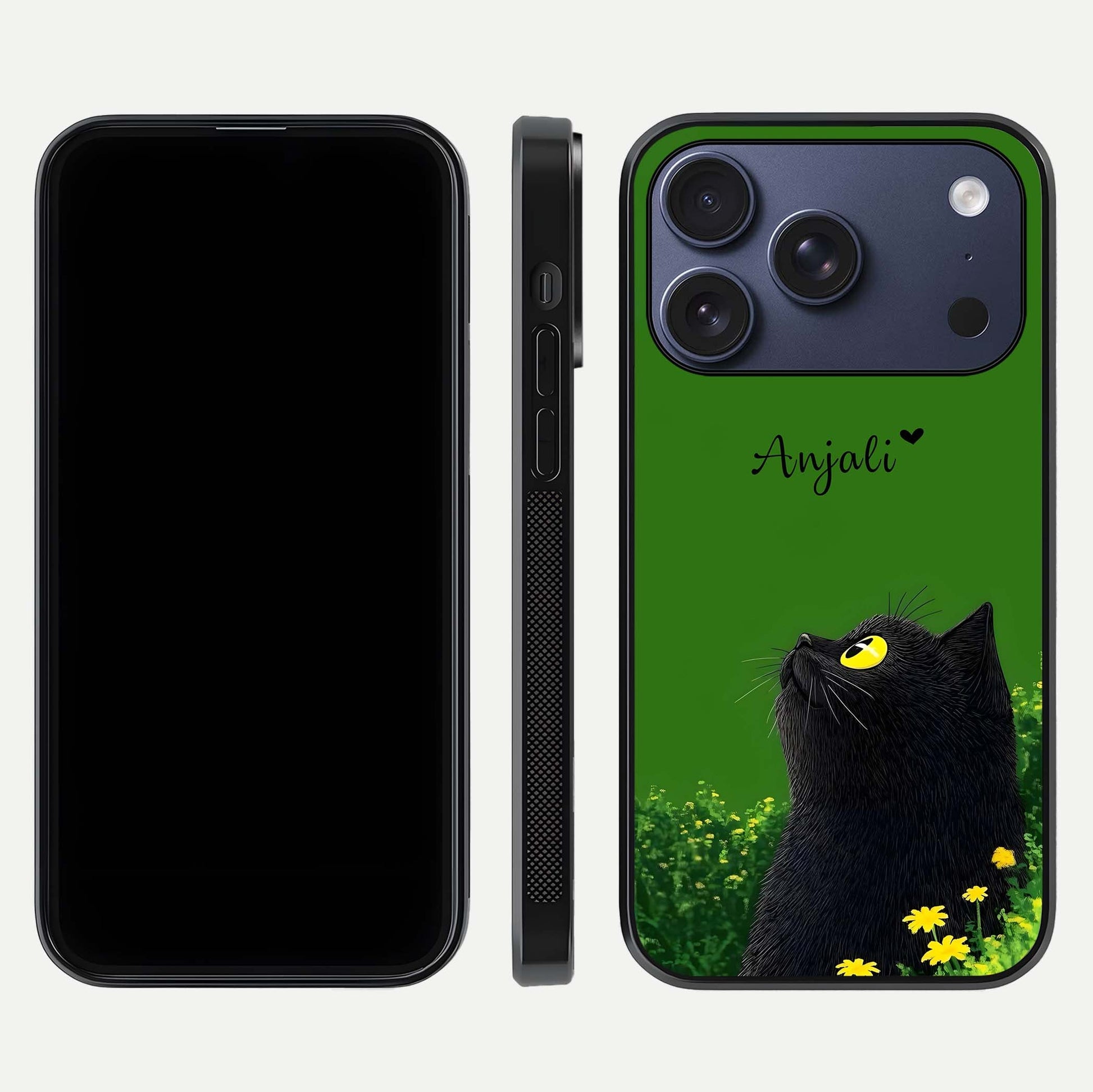 Emerald Cat Custom Name Glass Case for iPhone 17 Pro dual-view layout displaying artistic tones and smooth curves