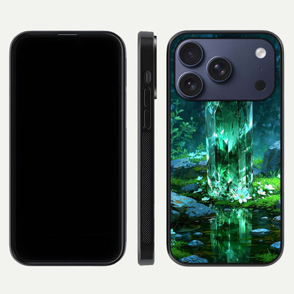 Emerald Light Crystal Glass Case for iPhone 17 Pro dual-view layout displaying gem-like tones and polished edge