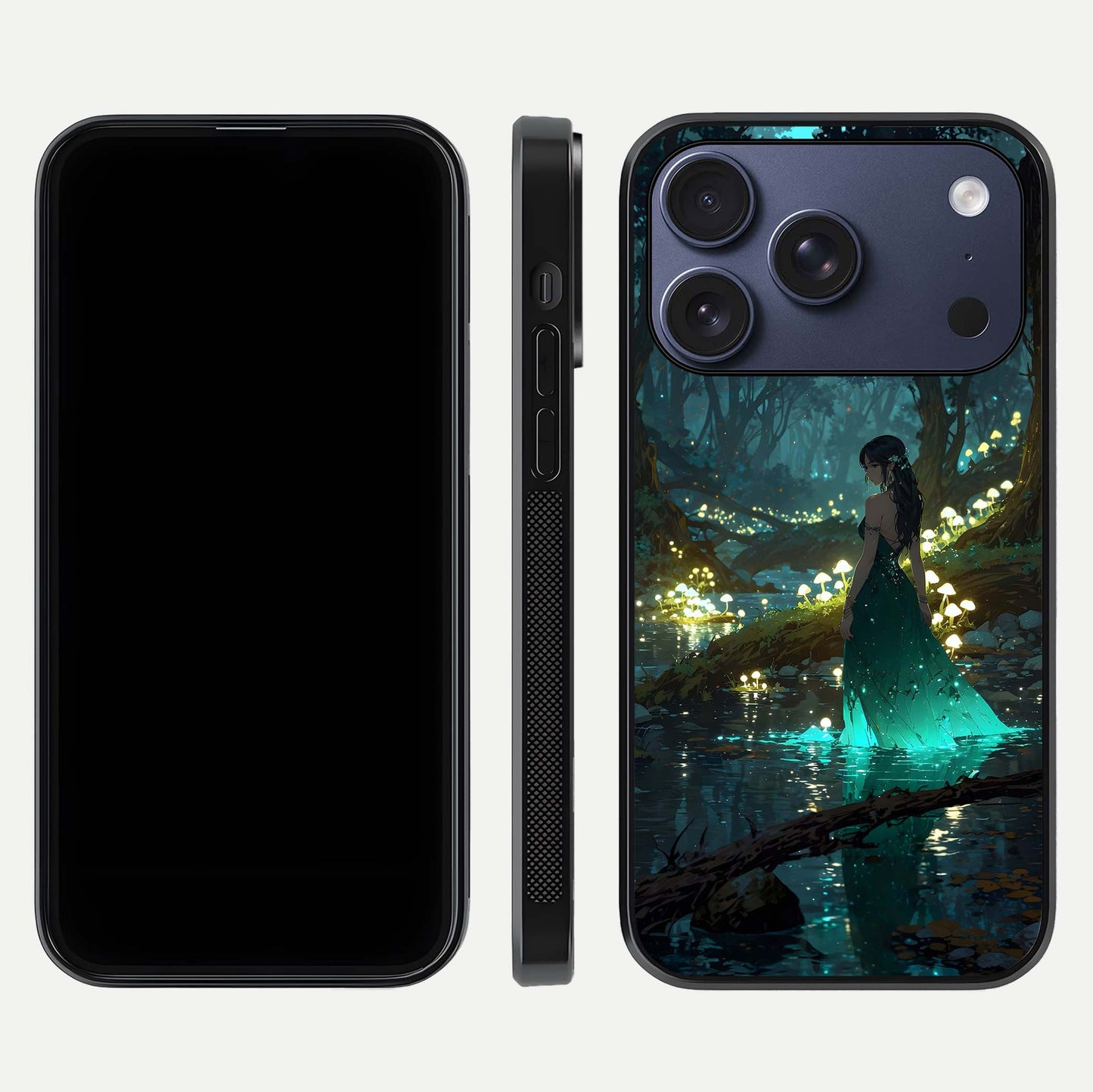 Enchanted Forest Glow Glass Case for iPhone 17 Pro dual-view layout displaying green tones and smooth glass