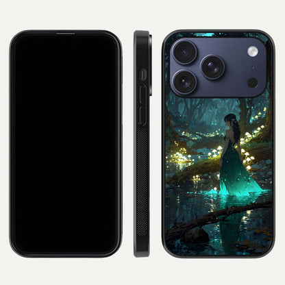 Enchanted Forest Glow Glass Case for iPhone 17 Pro dual-view layout displaying green tones and smooth glass
