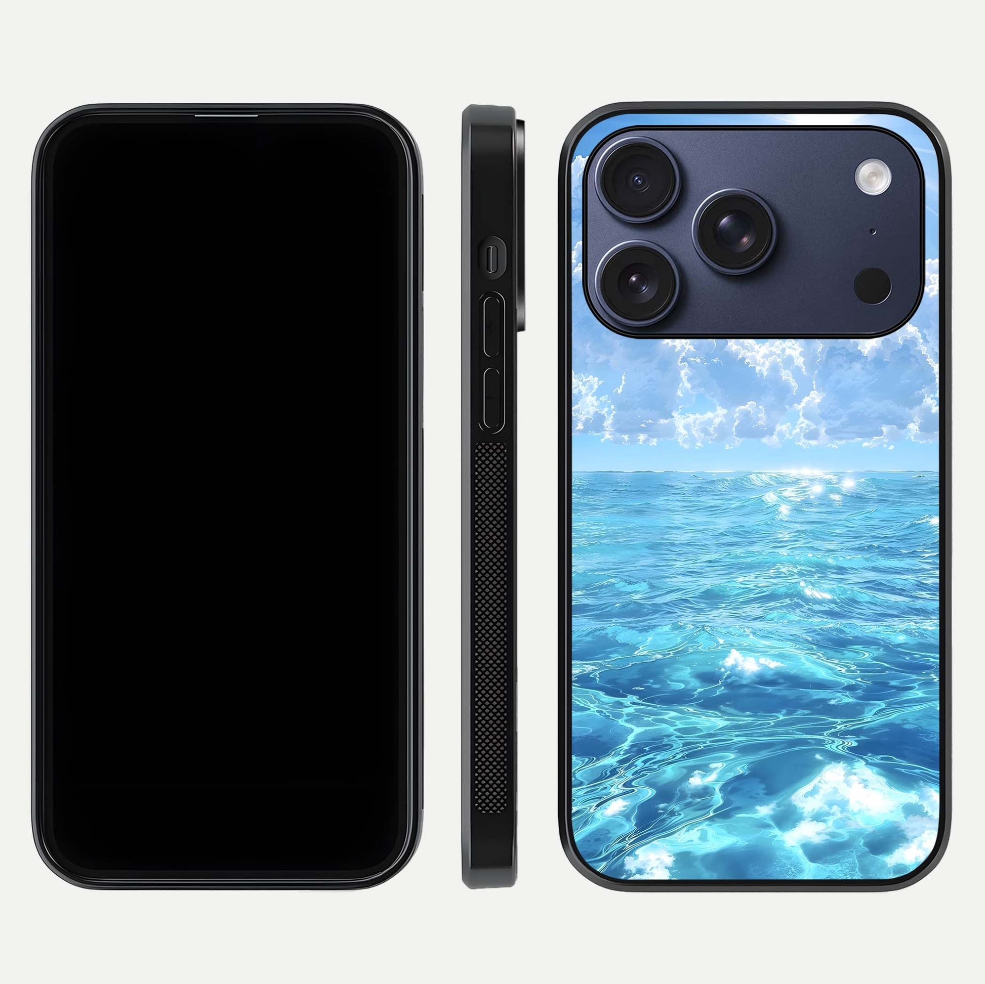 Endless Ocean Horizon Glass Case for iPhone 17 Pro dual-view layout displaying calm seascape and curved edges