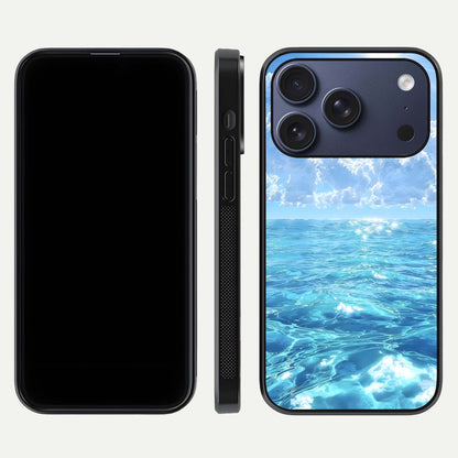 Endless Ocean Horizon Glass Case for iPhone 17 Pro dual-view layout displaying calm seascape and curved edges