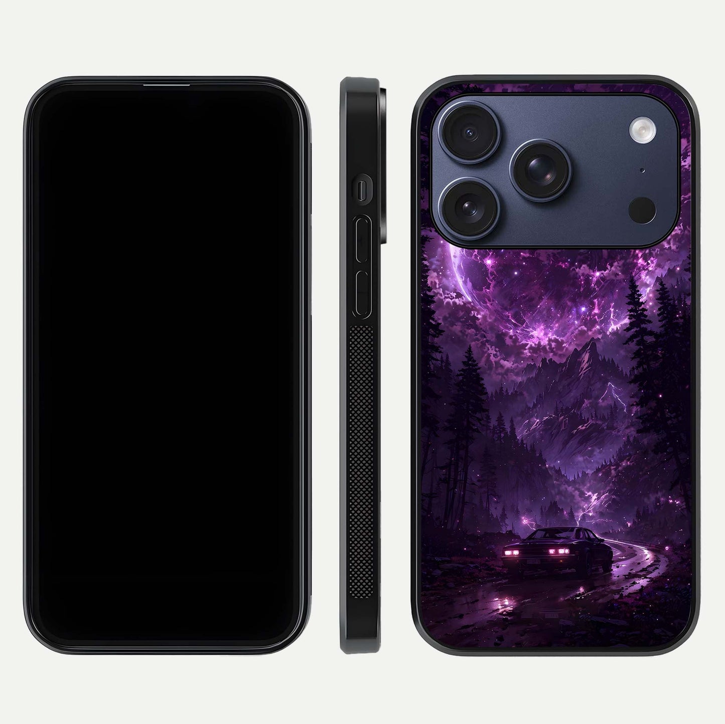 Eternal Cosmic Drive Glass Case for iPhone 17 Pro dual-view layout displaying outer-space tones and curved finish