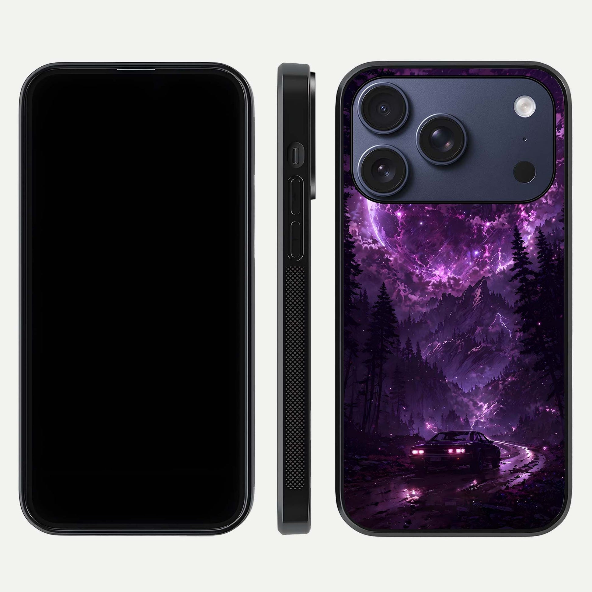 Eternal Cosmic Drive Glass Case for iPhone 17 Pro dual-view layout displaying outer-space tones and curved finish