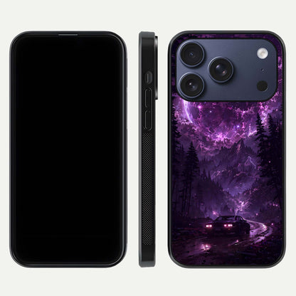 Eternal Cosmic Drive Glass Case for iPhone 17 Pro dual-view layout displaying outer-space tones and curved finish
