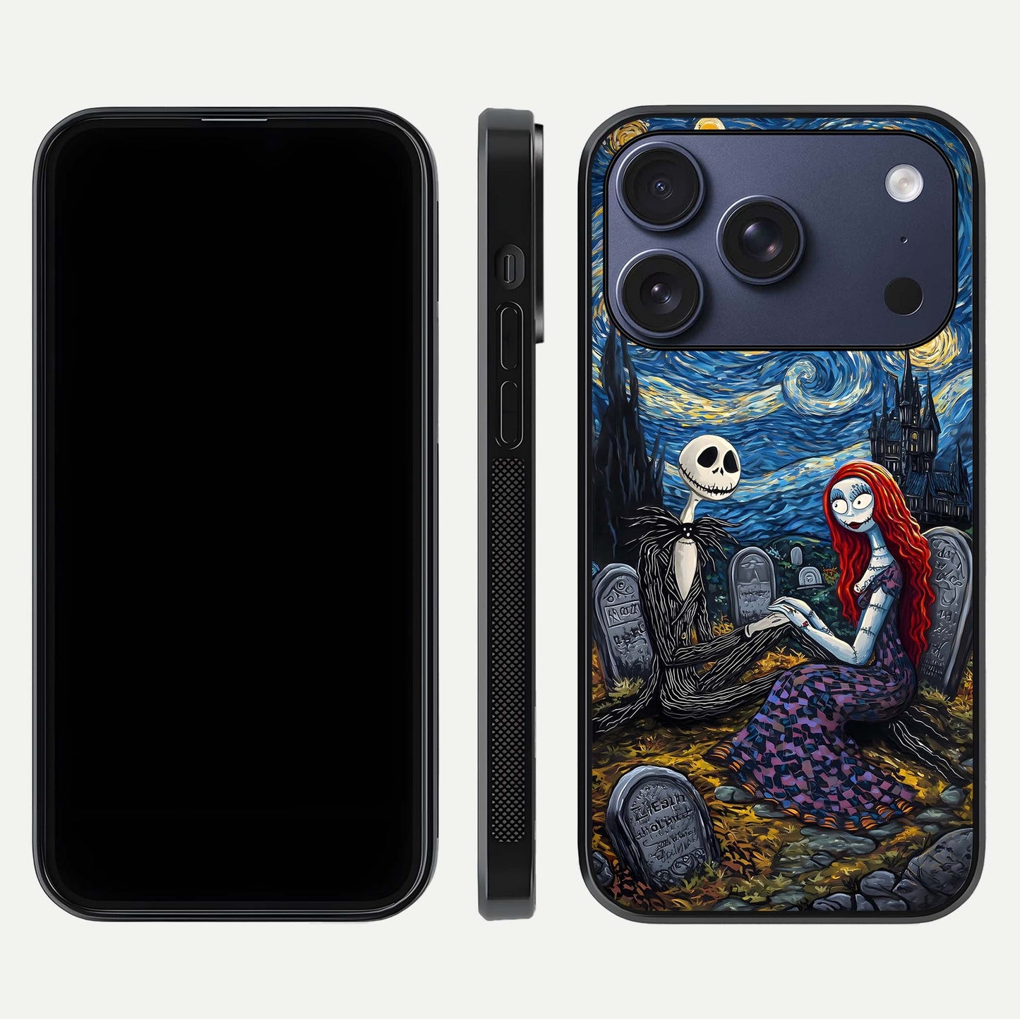 Eternal Night Love Glass Case for iPhone 17 Pro dual-view layout displaying HD art and curved polish