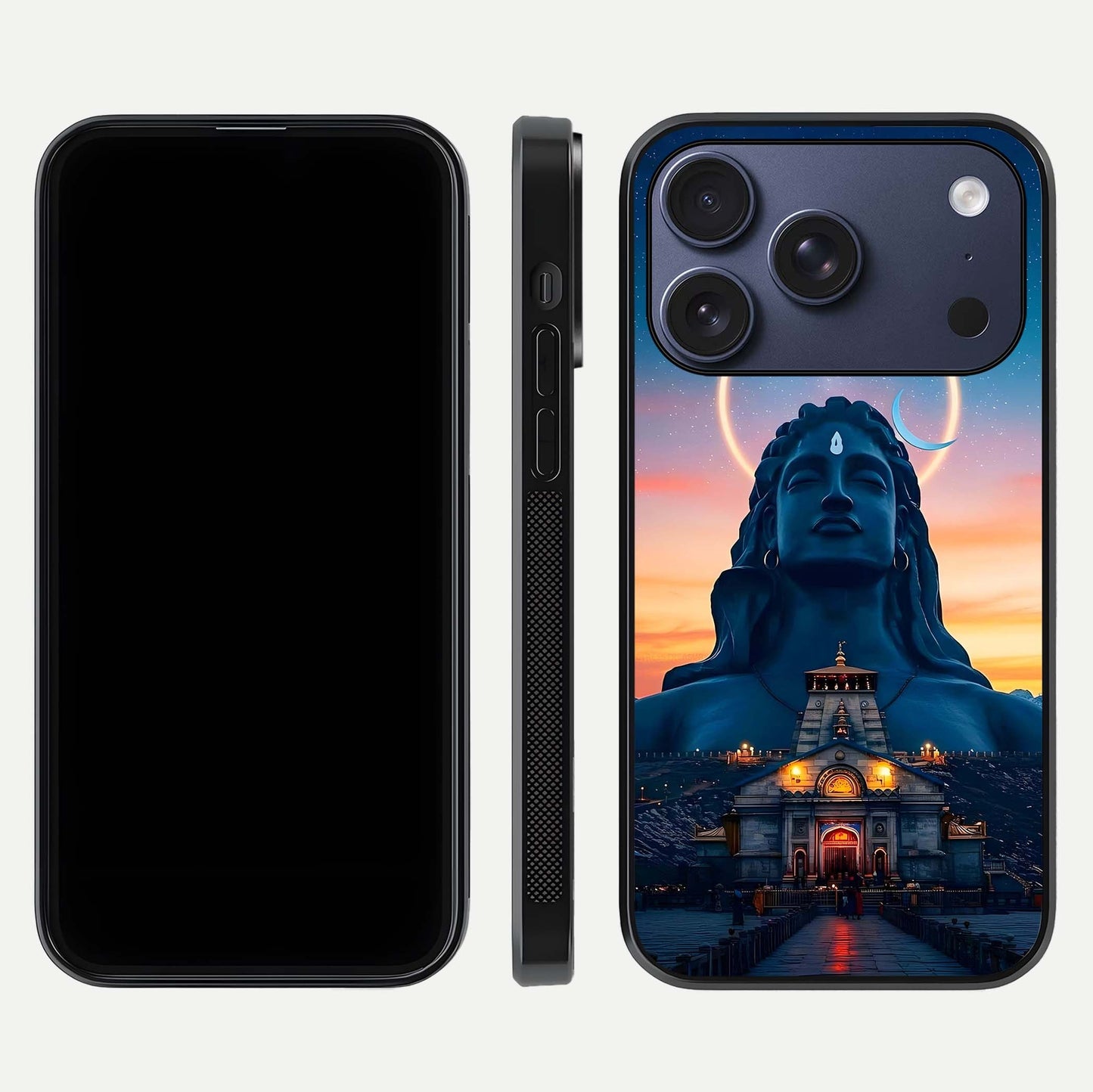Eternal Shiva Aura Glass Case for iPhone 17 Pro dual-view layout displaying HD deity print and smooth edge