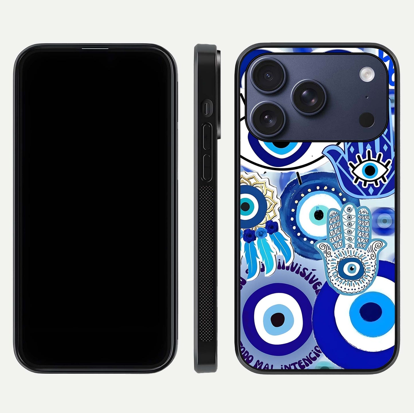 Evil Eyes Dream Glass Case for iPhone 17 Pro dual-view layout displaying spiritual motif and polished curved edge