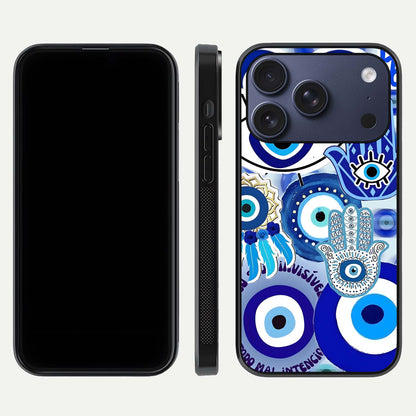 Evil Eyes Dream Glass Case for iPhone 17 Pro dual-view layout displaying spiritual motif and polished curved edge