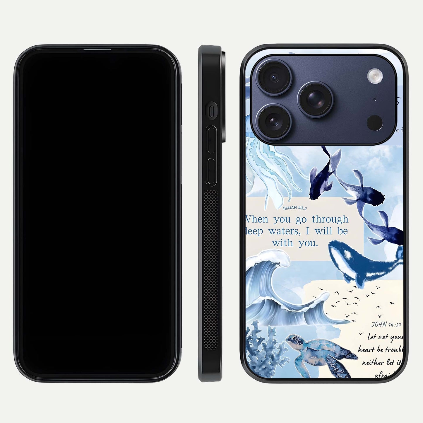 Faithful Ocean Promise Glass Case for iPhone 17 Pro dual-view layout showing sea horizon art and curved polish