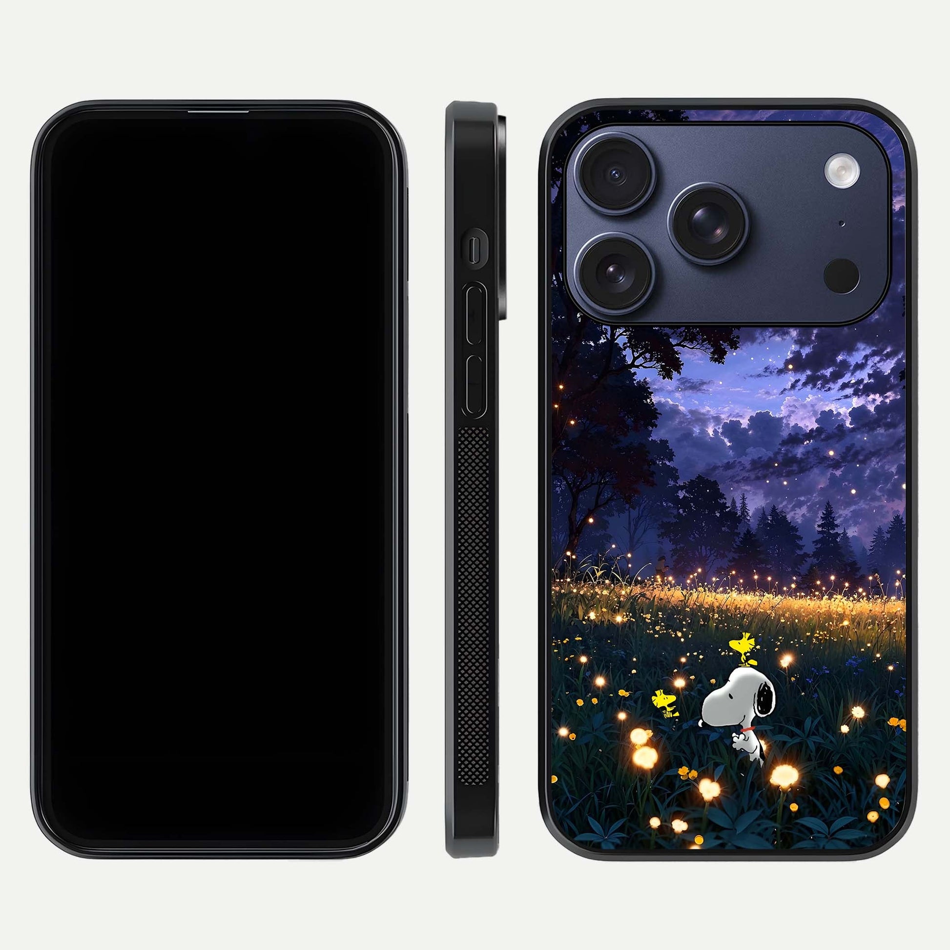 Firefly Meadow Magic Glass Case for iPhone 17 Pro dual-view layout displaying enchanting tones and curved edges