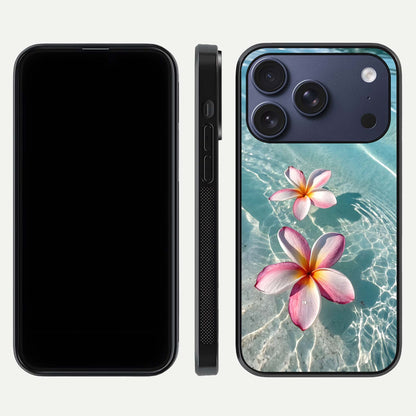 Floating Bloom Bliss Glass Case for iPhone 17 Pro dual-view layout displaying soft pastel flowers and curved glass