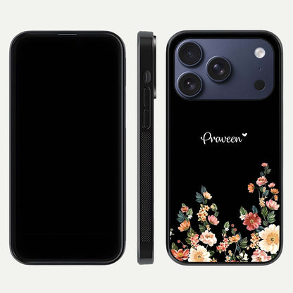 Floral Design Personalized Custom Name Glass Case for iPhone 17 Pro dual-view layout displaying artistic tones and curved finish