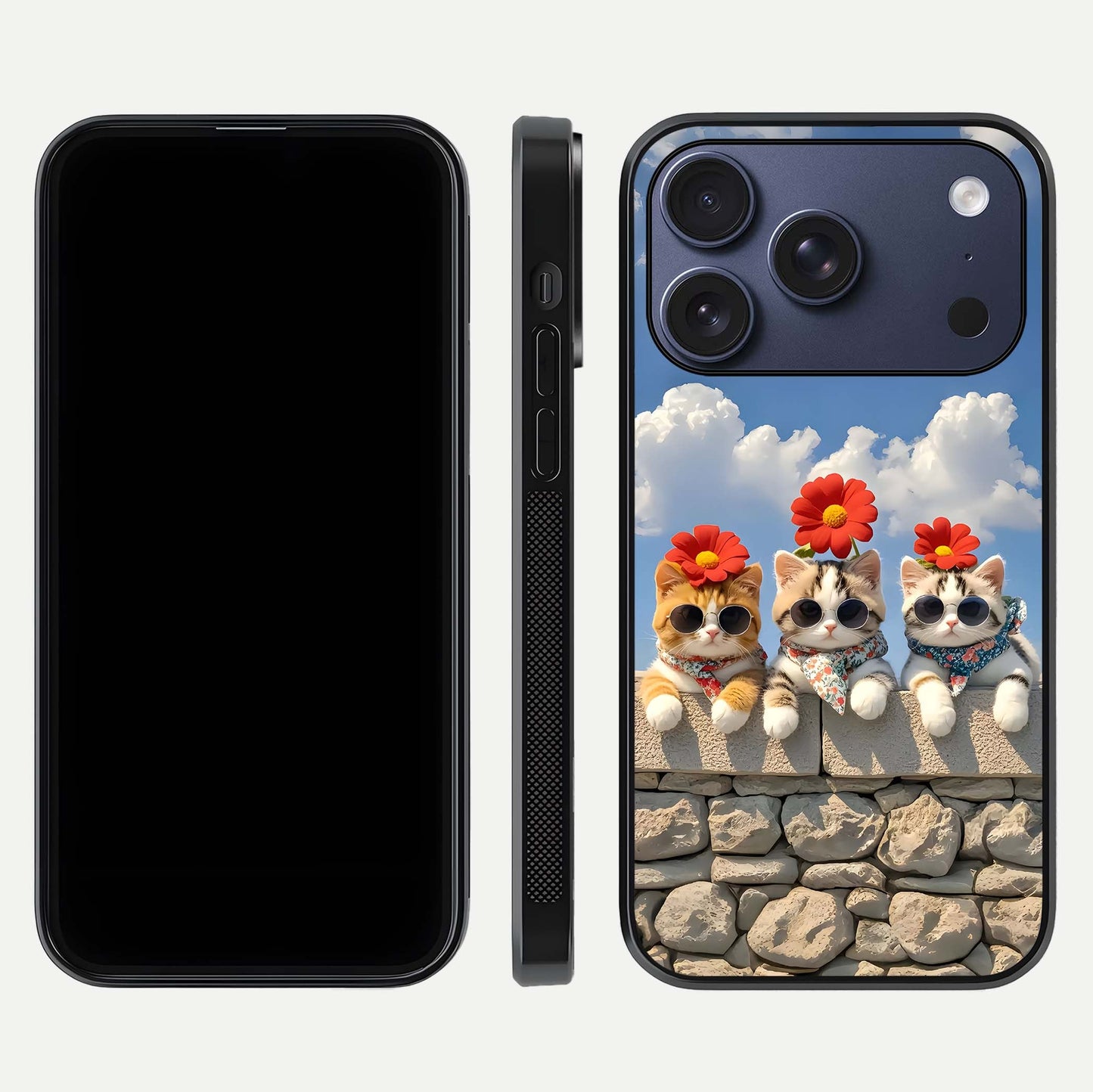 Floral Kitty Squad Glass Case for iPhone 17 Pro dual-view layout displaying vibrant tones and smooth edges