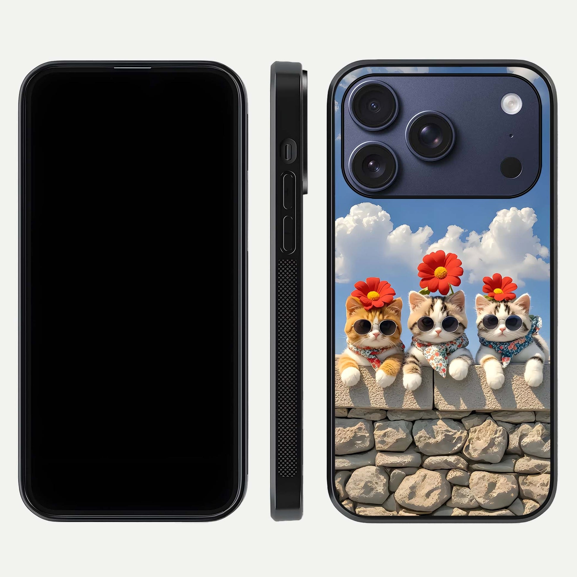 Floral Kitty Squad Glass Case for iPhone 17 Pro dual-view layout displaying vibrant tones and smooth edges