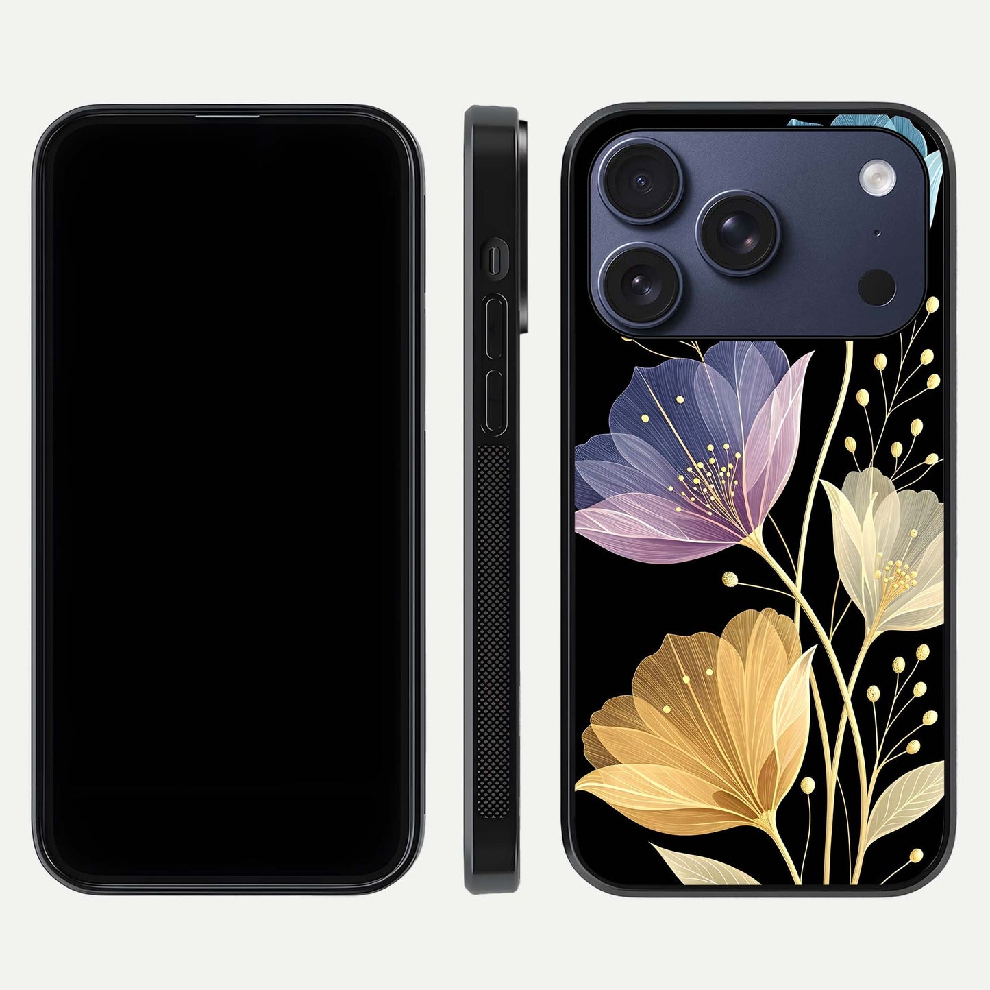Flower Bloom Glow Glass Case for iPhone 17 Pro dual-view layout displaying petal tones and curved glass edge