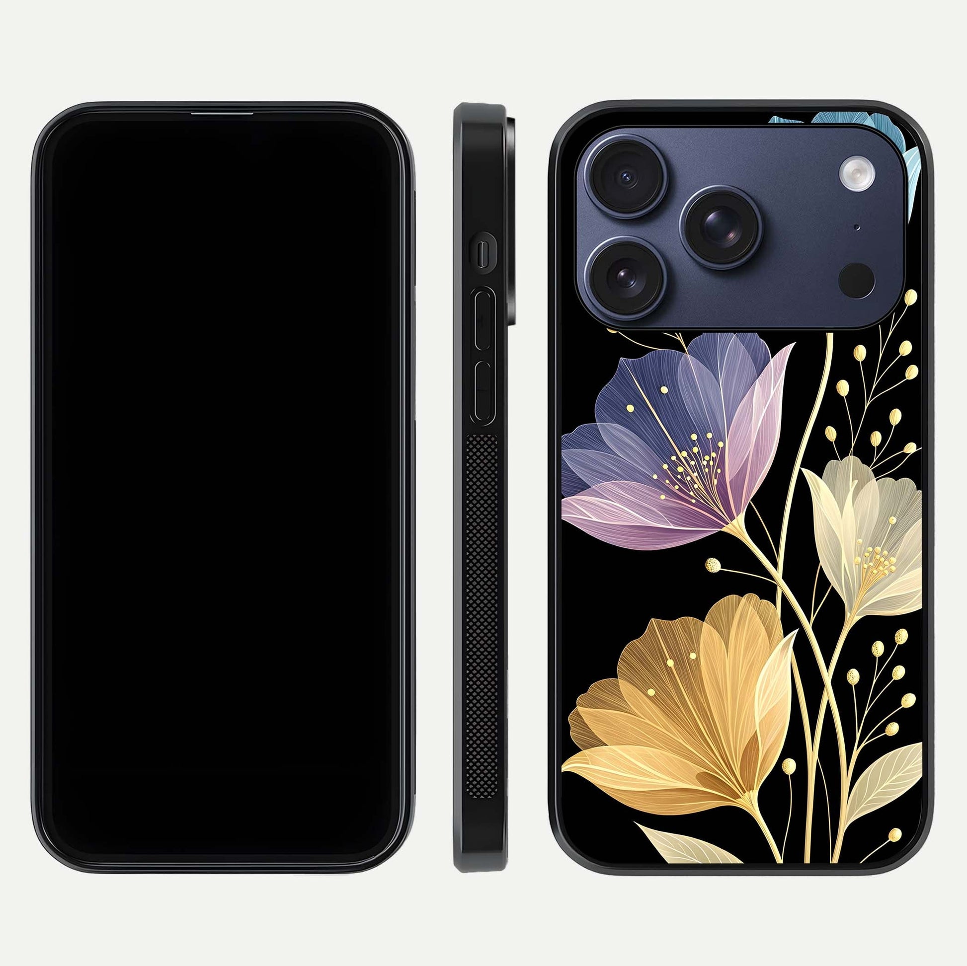 Flower Bloom Glow Glass Case for iPhone 17 Pro dual-view layout displaying petal tones and curved glass edge