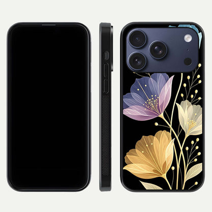Flower Bloom Glow Glass Case for iPhone 17 Pro dual-view layout displaying petal tones and curved glass edge