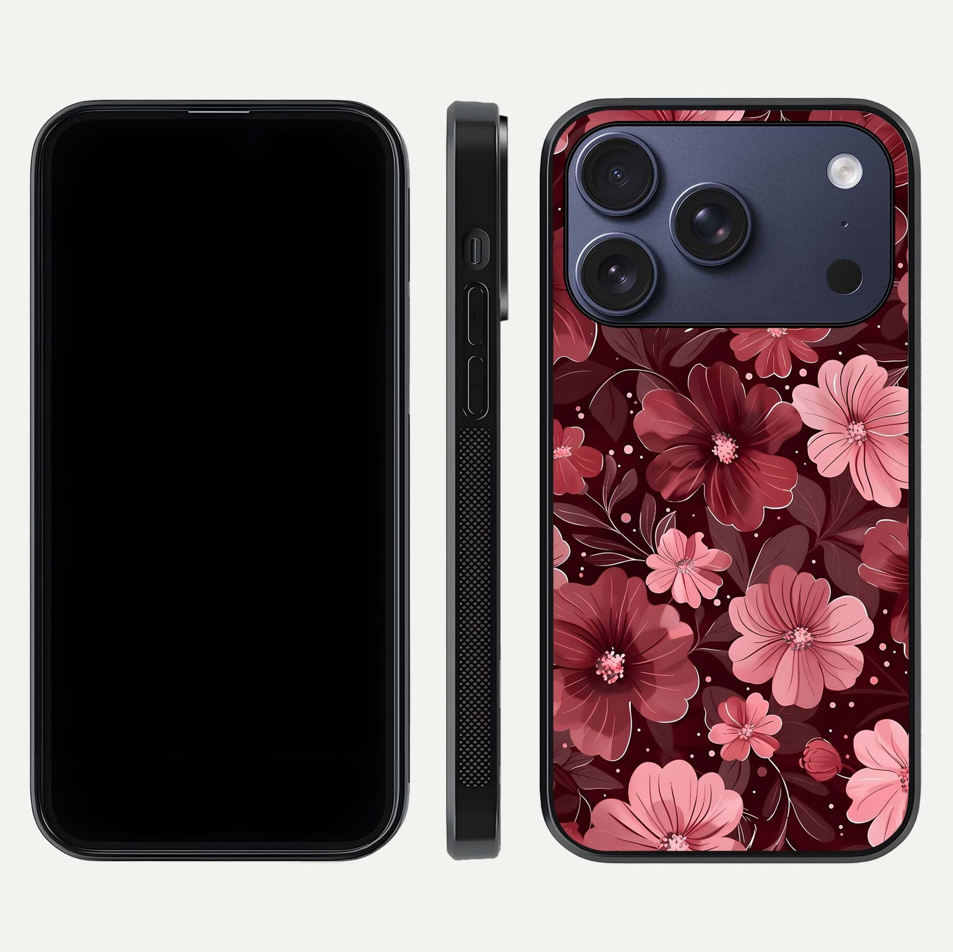 Flower Blush Bloom Glass Case for iPhone 17 Pro dual-view layout displaying HD print and smooth curves