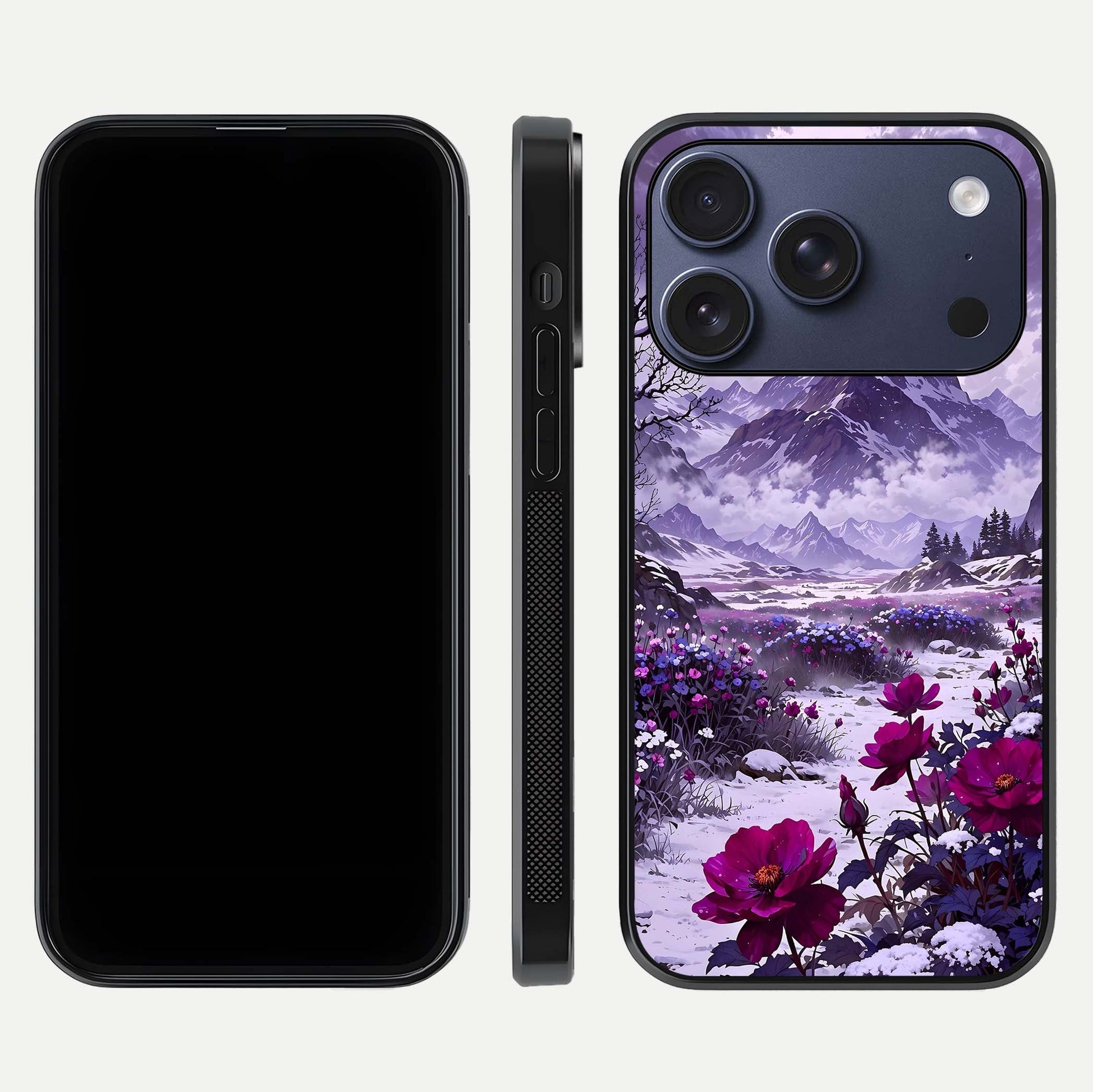 Flower Mountain View Glass Case for iPhone 17 Pro dual-view layout displaying scenic tones and curved glass finish