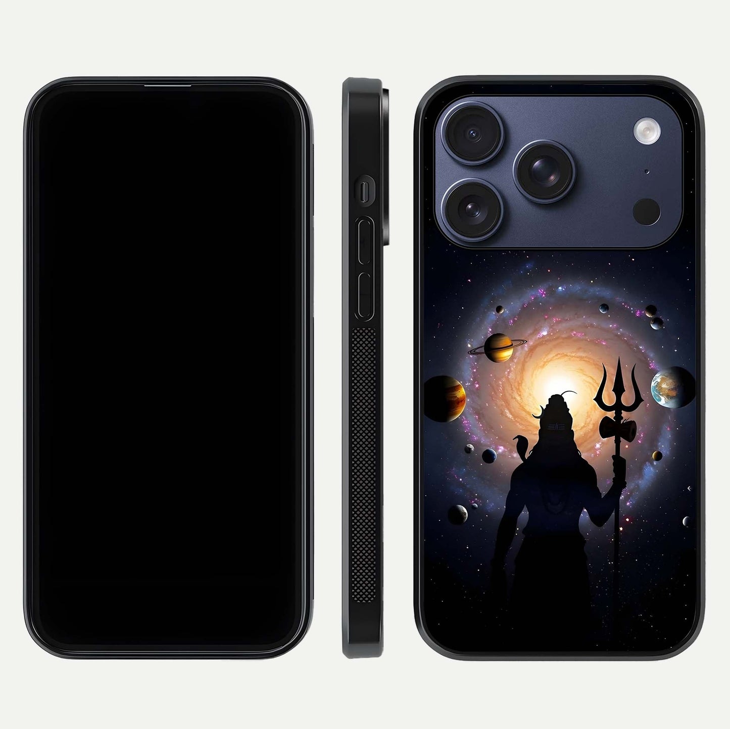 Galactic Shiva Vision Glass Case for iPhone 17 Pro front and back view layout showing celestial background and polished curved glass