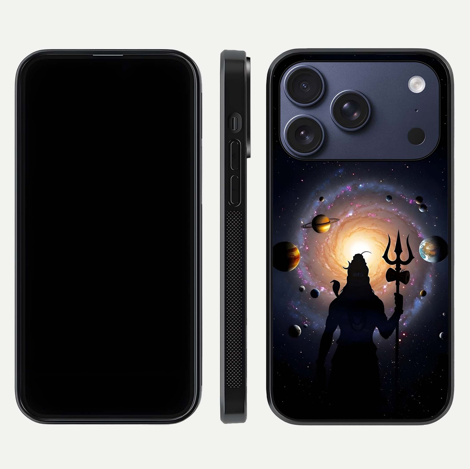 Galactic Shiva Vision Glass Case for iPhone 17 Pro front and back view layout showing celestial background and polished curved glass