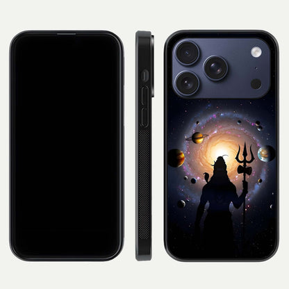 Galactic Shiva Vision Glass Case for iPhone 17 Pro front and back view layout showing celestial background and polished curved glass