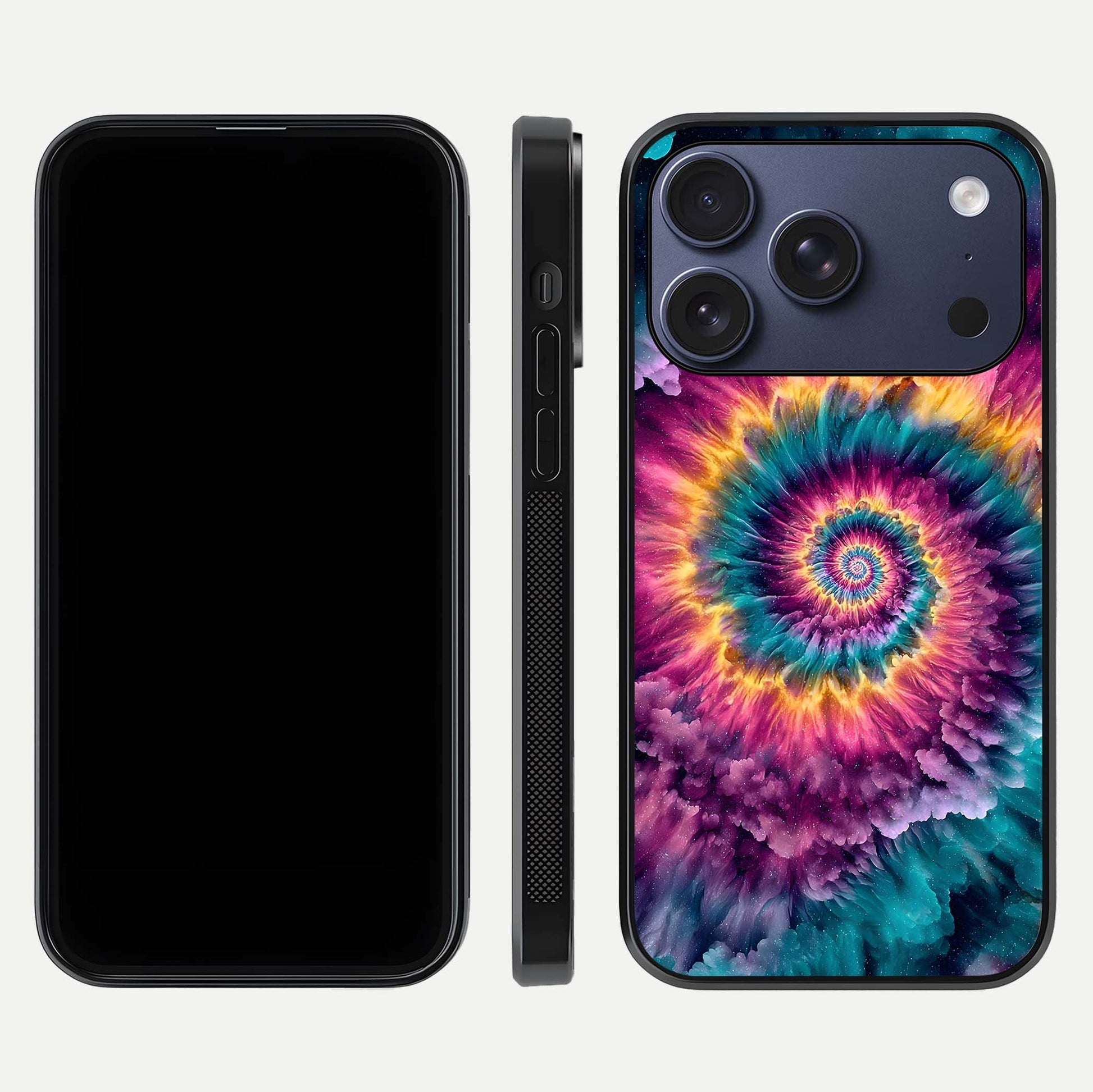 Galactic Spiral Burst Glass Case for iPhone 17 Pro front and back view layout highlighting cosmic swirl and curved edges