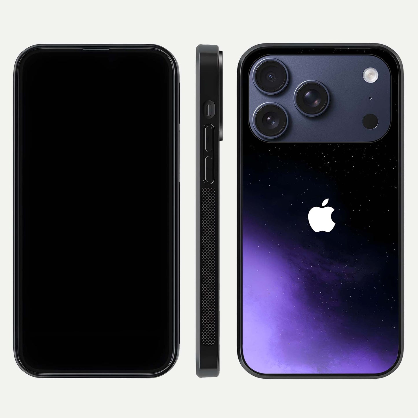 Galaxy Apple Aura Glass Case for iPhone 17 Pro front and back view layout displaying cosmic tones and premium curved glass edges