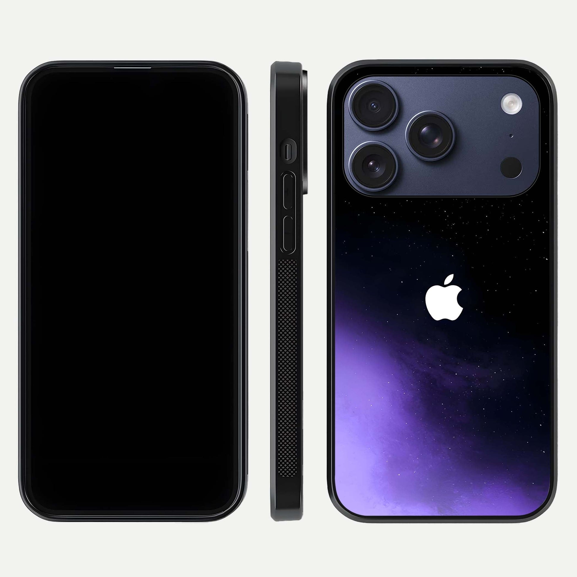 Galaxy Apple Aura Glass Case for iPhone 17 Pro front and back view layout displaying cosmic tones and premium curved glass edges