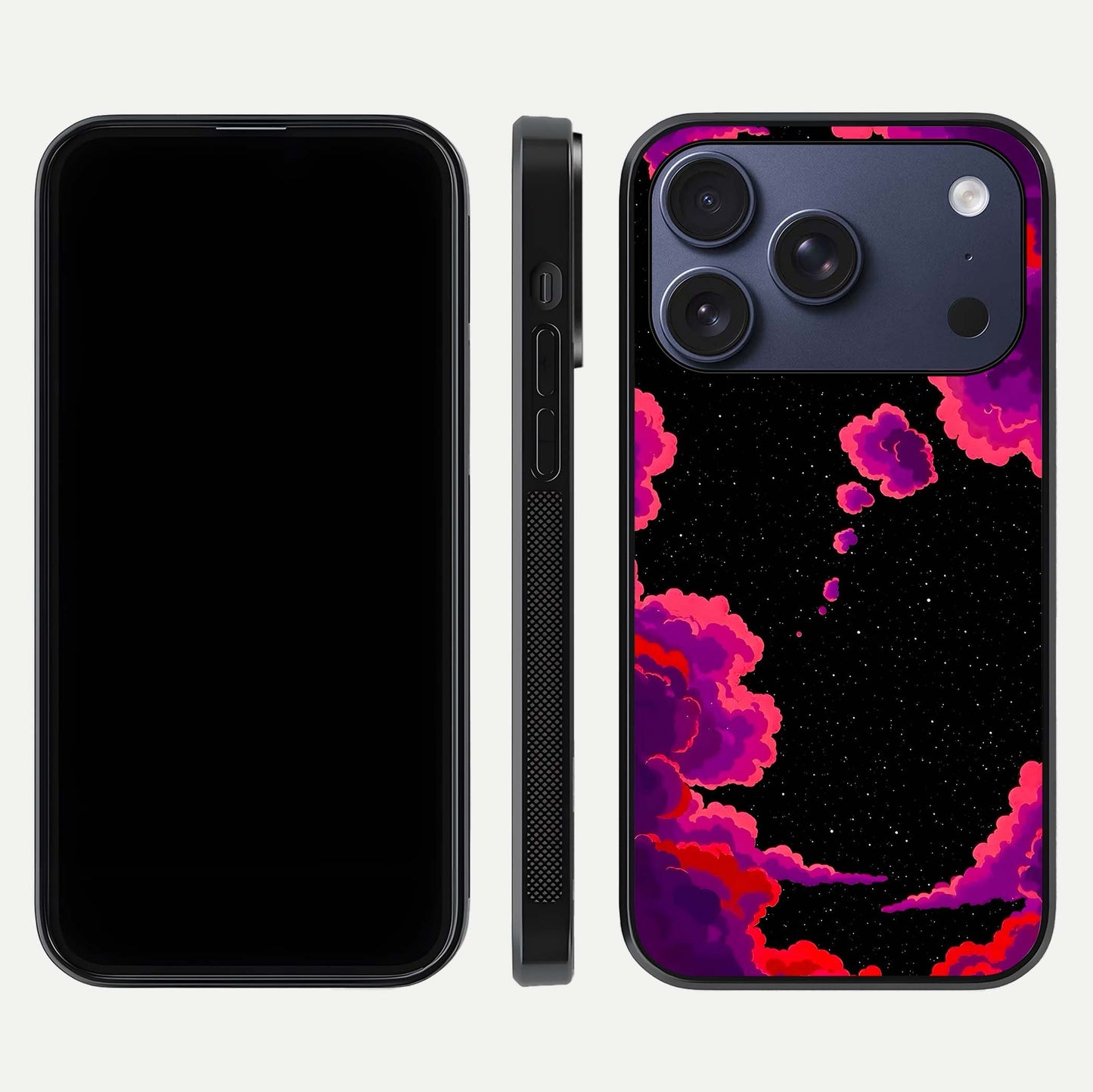 Galaxy Dream Frame Glass Case for iPhone 17 Pro front and back view layout highlighting cosmic design and smooth glass curvature