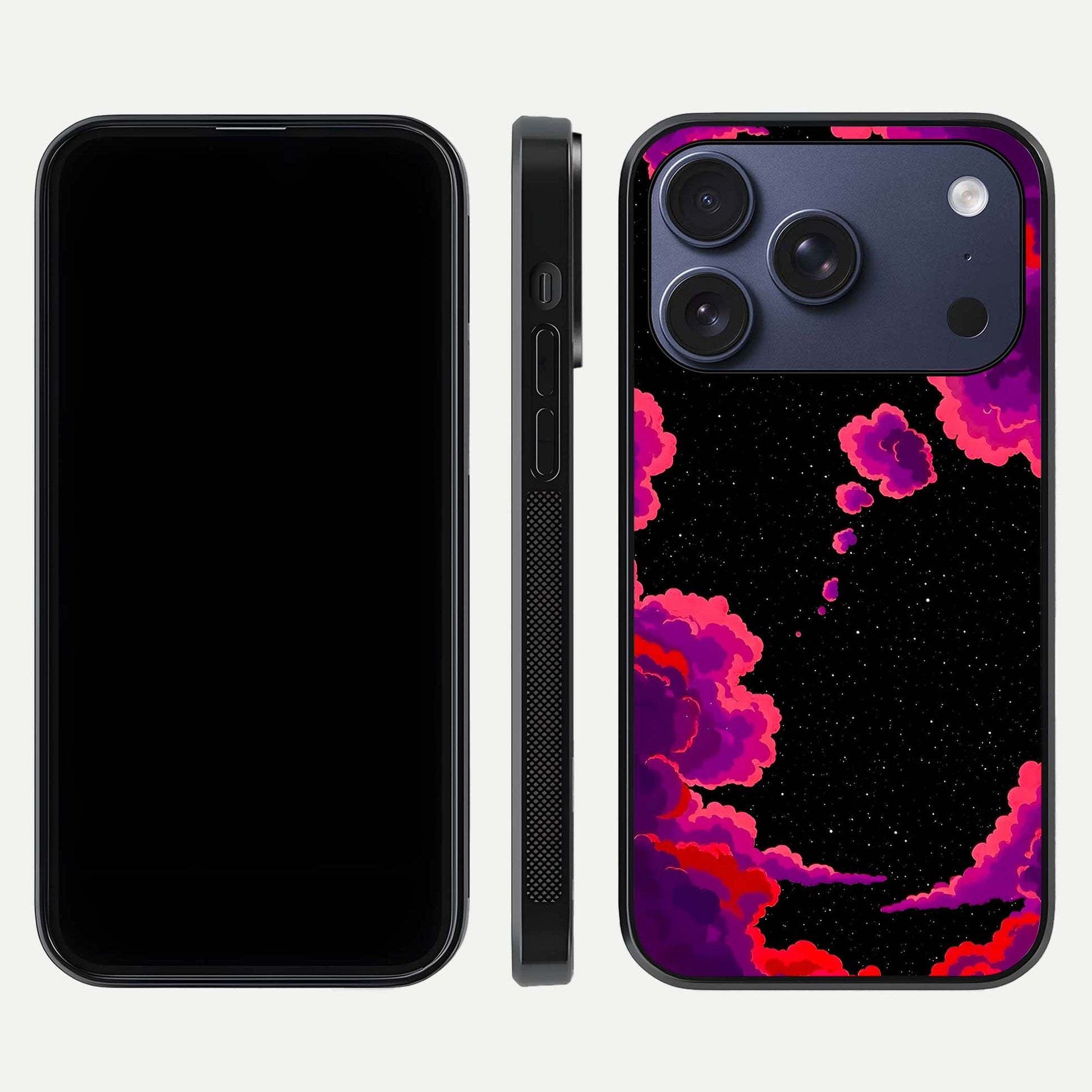 Galaxy Dream Frame Glass Case for iPhone 17 Pro front and back view layout highlighting cosmic design and smooth glass curvature