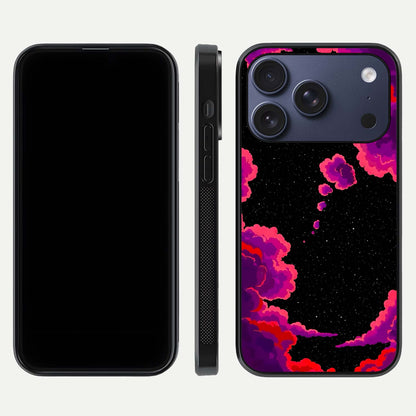 Galaxy Dream Frame Glass Case for iPhone 17 Pro front and back view layout highlighting cosmic design and smooth glass curvature