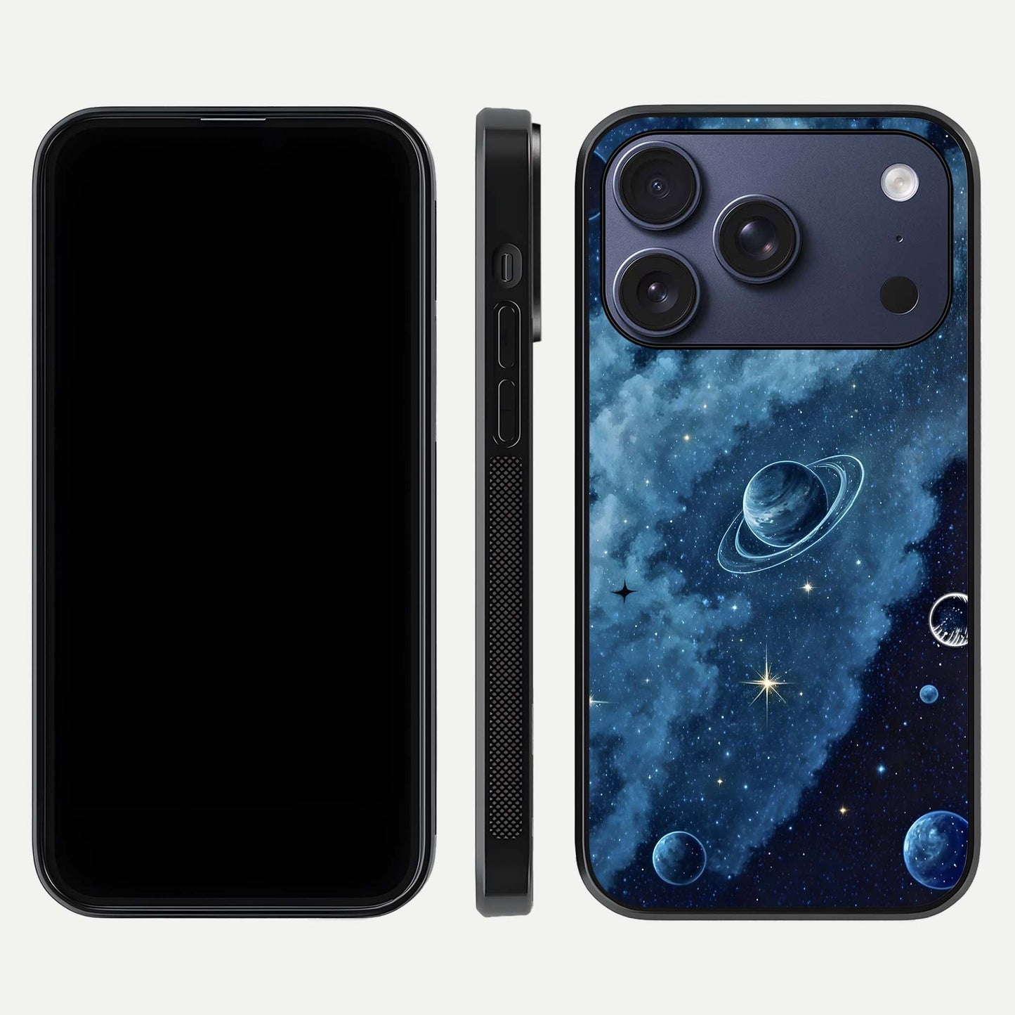 Galaxy Dream Space Glass Case for iPhone 17 Pro front and back view layout showing deep-space tones and curved edges