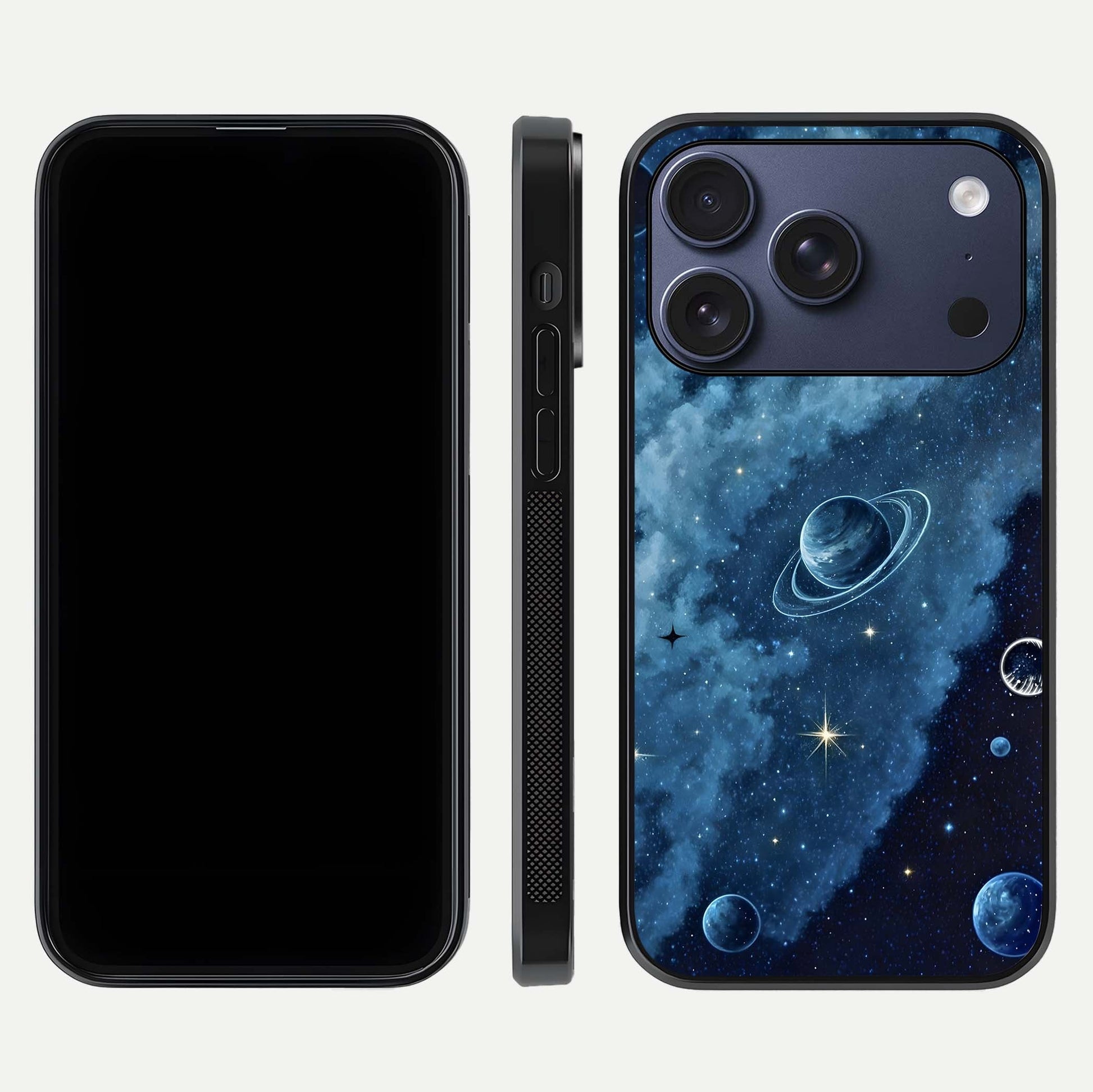 Galaxy Dream Space Glass Case for iPhone 17 Pro front and back view layout showing deep-space tones and curved edges