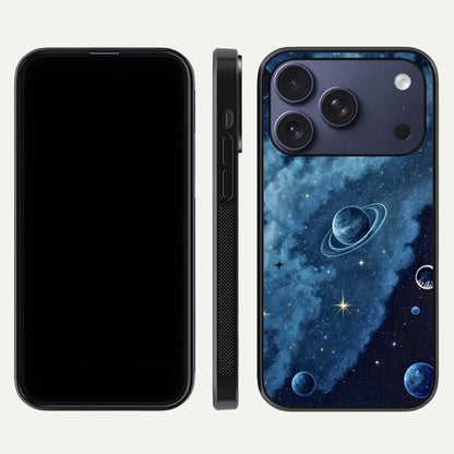 Galaxy Dream Space Glass Case for iPhone 17 Pro front and back view layout showing deep-space tones and curved edges