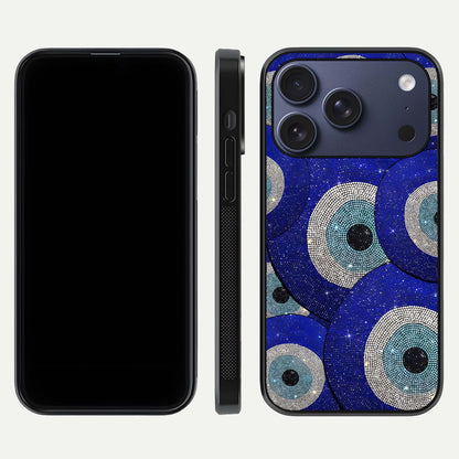 Galaxy Eye Flow Glass Case for iPhone 17 Pro front and back view layout displaying cosmic art and curved glass borders