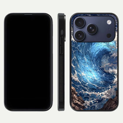 Giant Ocean Wave Glass Case for iPhone 17 Pro front and back view layout displaying sea tones and smooth curved edges