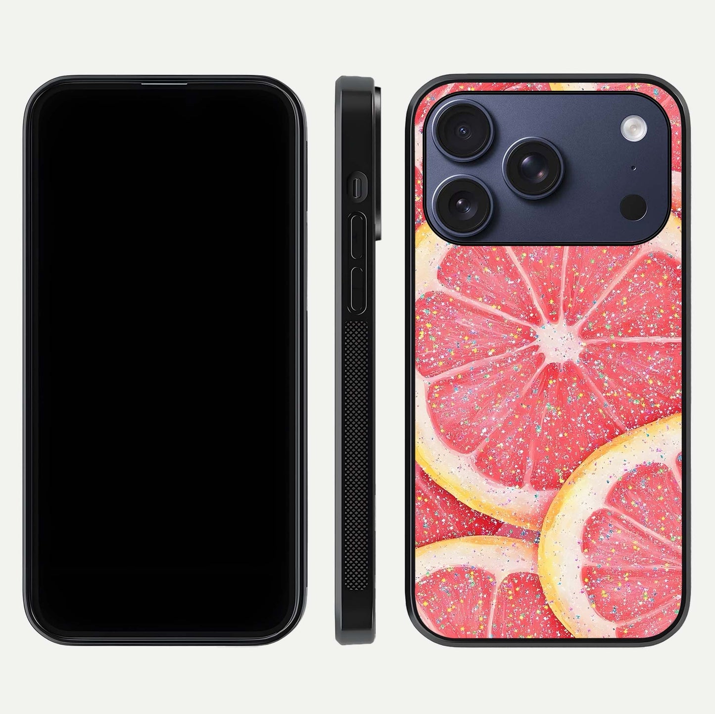 Glitter Grapefruit Glass Case for iPhone 17 Pro front and back view layout highlighting citrus hues and smooth glass